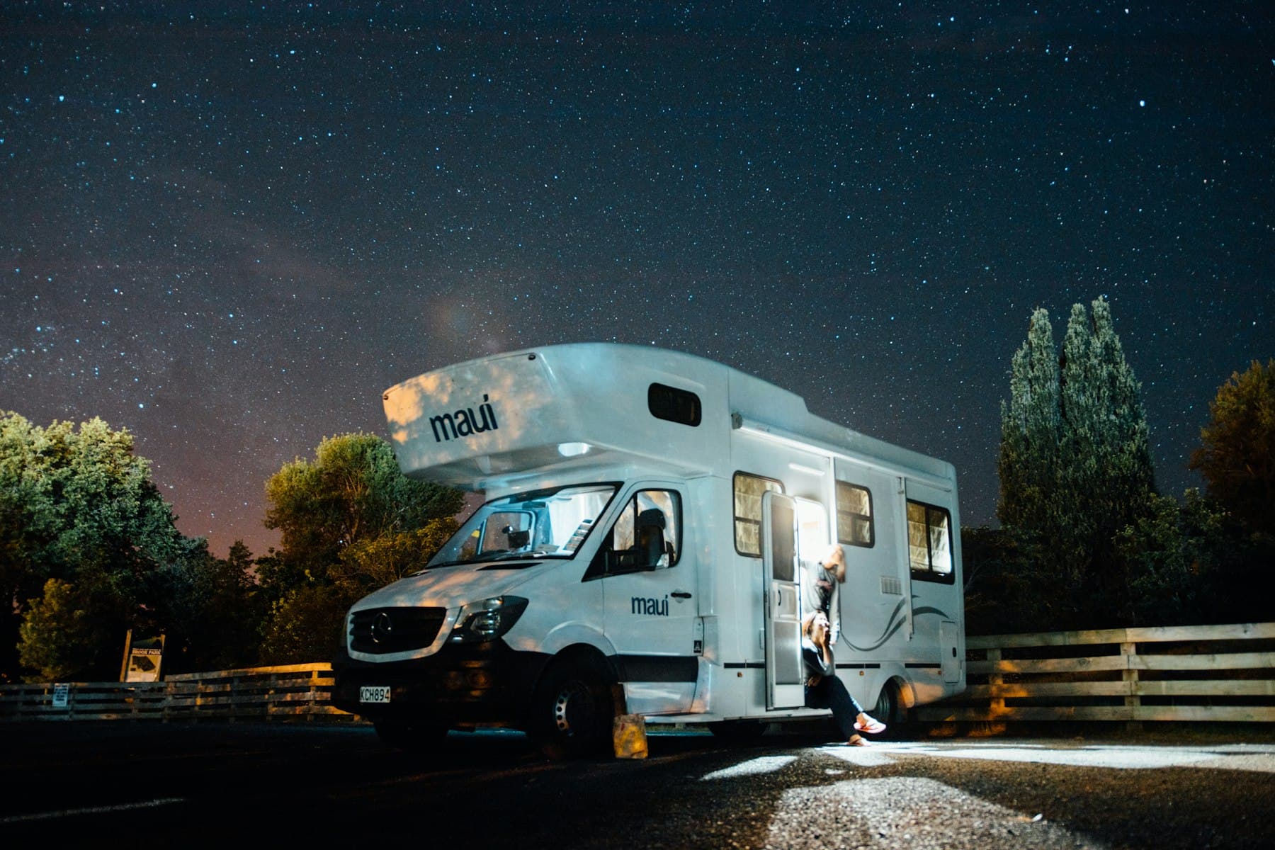 A white Class C motorhome parked in an open field